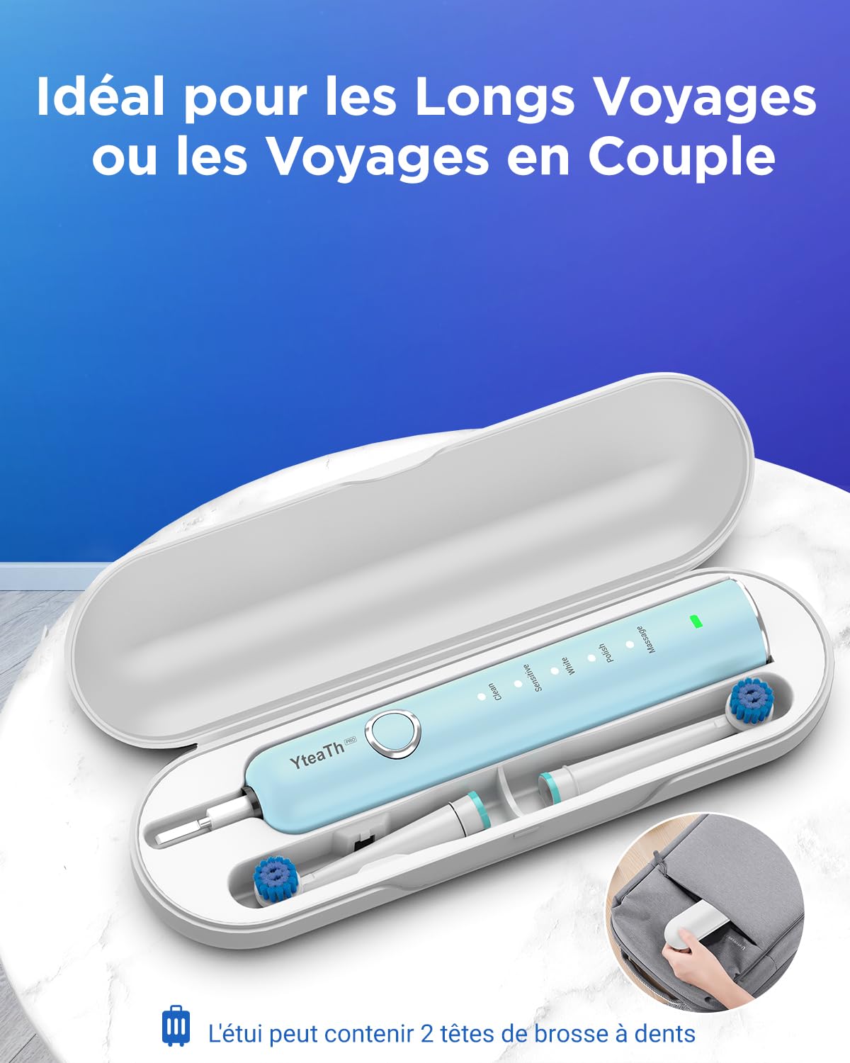 Brosse À Dent Électrique Rotatives Famille - Brosses À Dents Rotatives pour Adultes Enfant, 8 Têtes de Brosse et Étui de Voyage, 5 Modes, Étanche IPX7, Brosse A Dent Electrique de Voyage, Bleu Clair