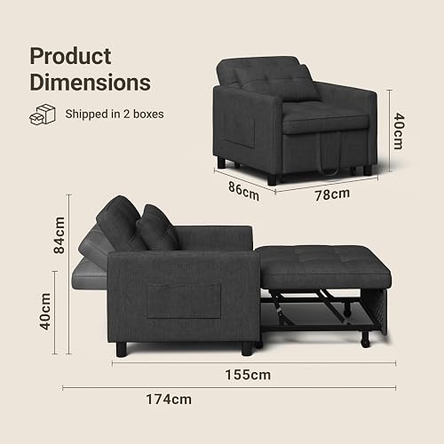 Xbro 3-in-1 Convertible Armchair Bed, Sleeping Chair with Bed Function, Adjustable Sofa Bed with Cushion and Side Pocket, Armchair with Sleep Function for Small Apartment - 3