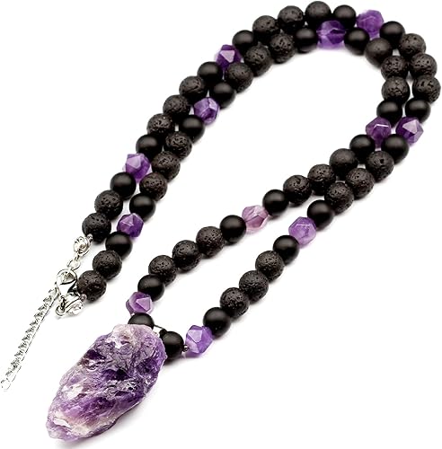 ElisaJewelryArt - Collar unisex con dije de amatista natural y cuentas de lava de ónix, piedras preciosas auténticas, cierre de cierre de piedra