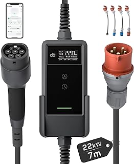 dé Mobile Wallbox/Ladestation 22kW App [3-phasig|7m|6-32A] mit Komplett-Set, Ladekabel CEE 32A auf Typ 2 und EV Ladegerät für Model Y/3, ID.3/4/5, MG4, EX30, e-up, e-tron und andere EV/PHEV