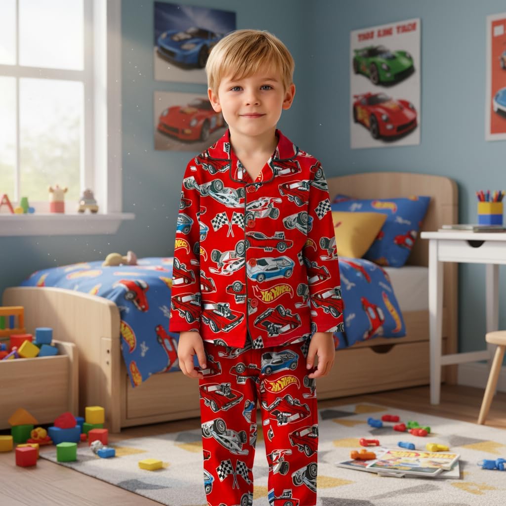 Hot Wheels Boy's Pajama Set - 2 Piece Boys Flannel Coat Style Matching PJs, Kids Button Down Pajamas - Official Product - Image 2
