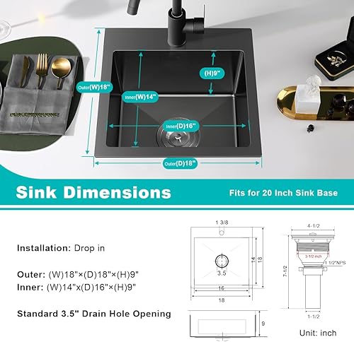 Miniatura 72 de Fregadero de cocina pequeño de acero inoxidable con caída de 20 pulgadas, níquel cepillado, 20 pulgadas de profundidad x 16 pulgadas de ancho x 9