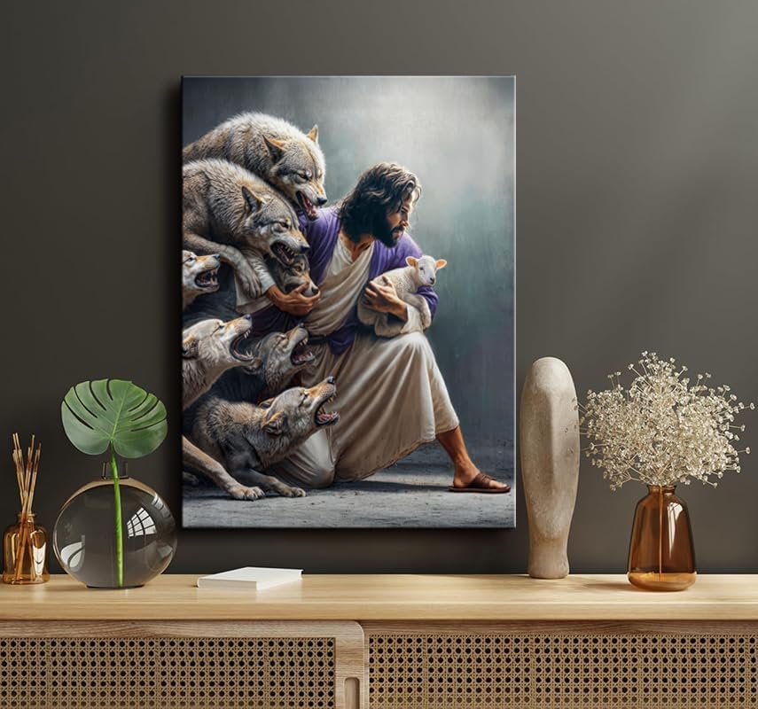 Miniatura 3 de Ploceiny Lienzo decorativo para pared, diseño de Jesús y cordero, decoración inspiradora para el hogar, 12 x 15 pulgadas