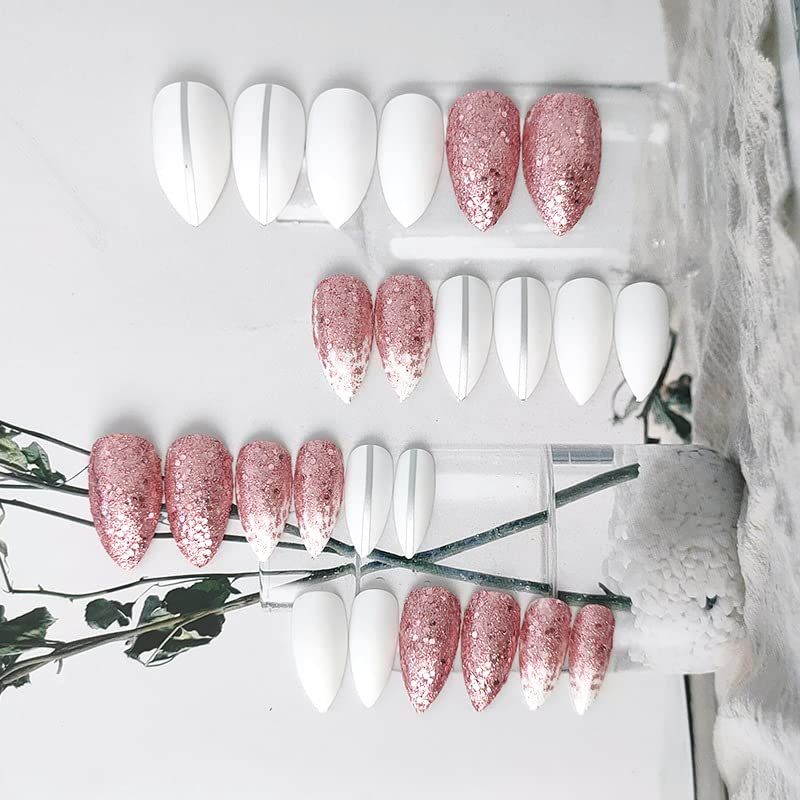 Image of Secret Lives acrylic press on nails designer artifical nails extension almond shape with pink glitter and white color with silver line color 24 pieces set with glue sheet