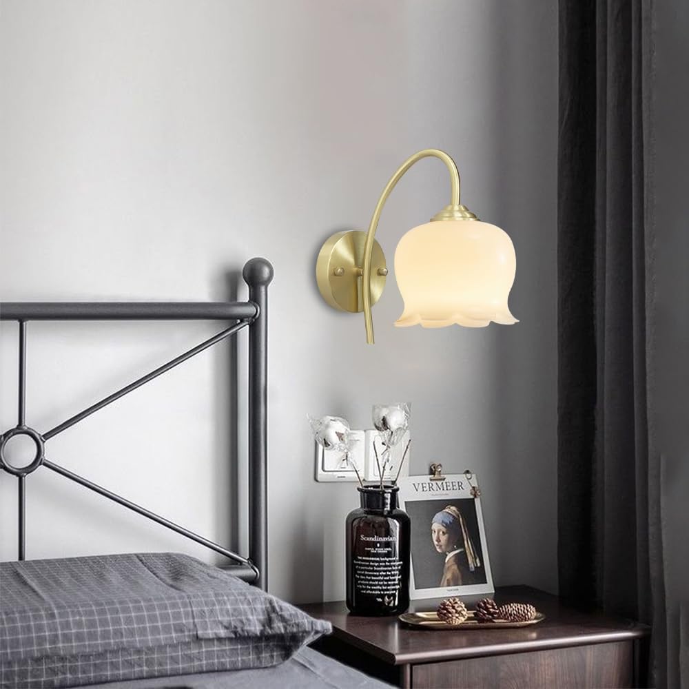 Applique da Parete in Stile Nordico, Lampada in Ottone con Supporto in Resina a Forma di Fiore, Applique Moderne con Cablaggio Fisso, luci per Soggiorno, lampade da Comodino per ca