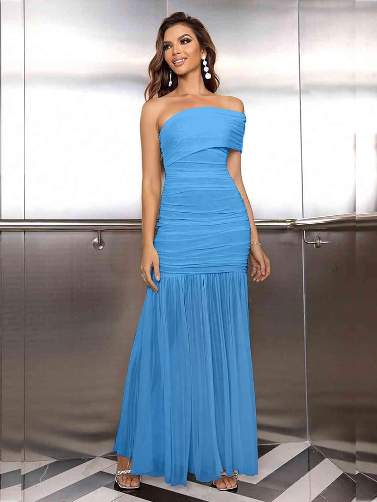 LAGSHIAN Women's Elegant Formal Long Dress One Shoulder Sleeveless Ruched Bodycon Evening Dress - Image 2