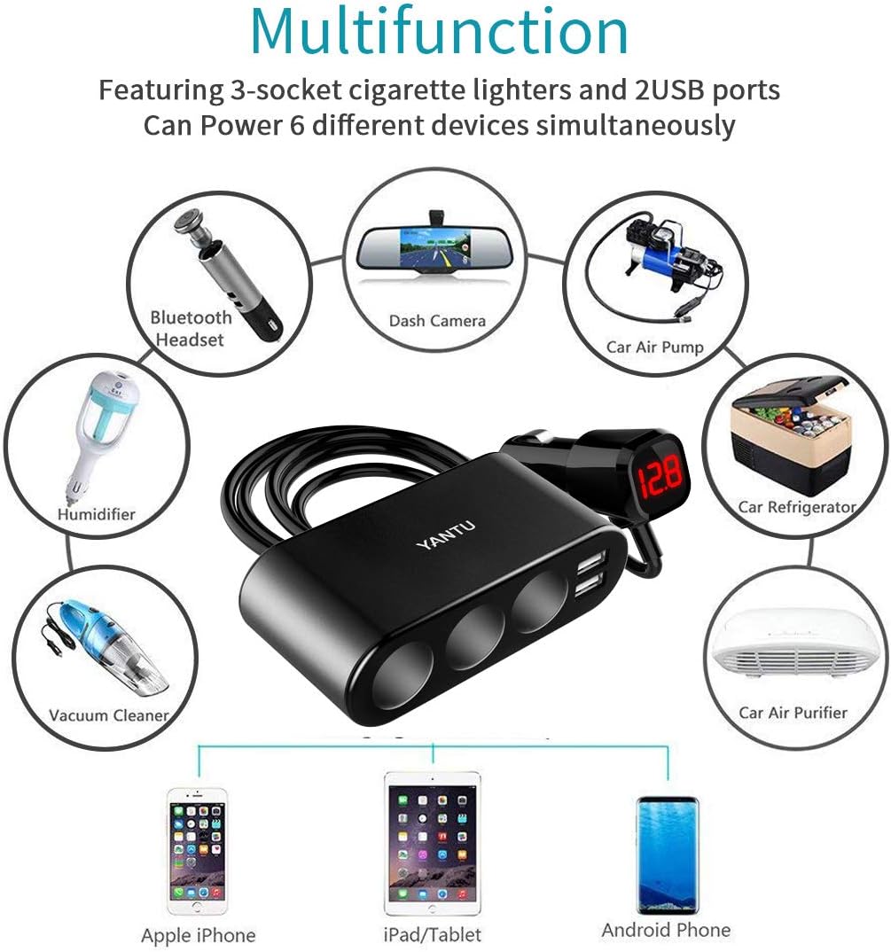 YANTU 3 Socket Car Charger 120W 3.1A Dual USB Car Lighter Power Adapter with Voltage Display - 12V DC Outlet Car Charger for Mobile Devices