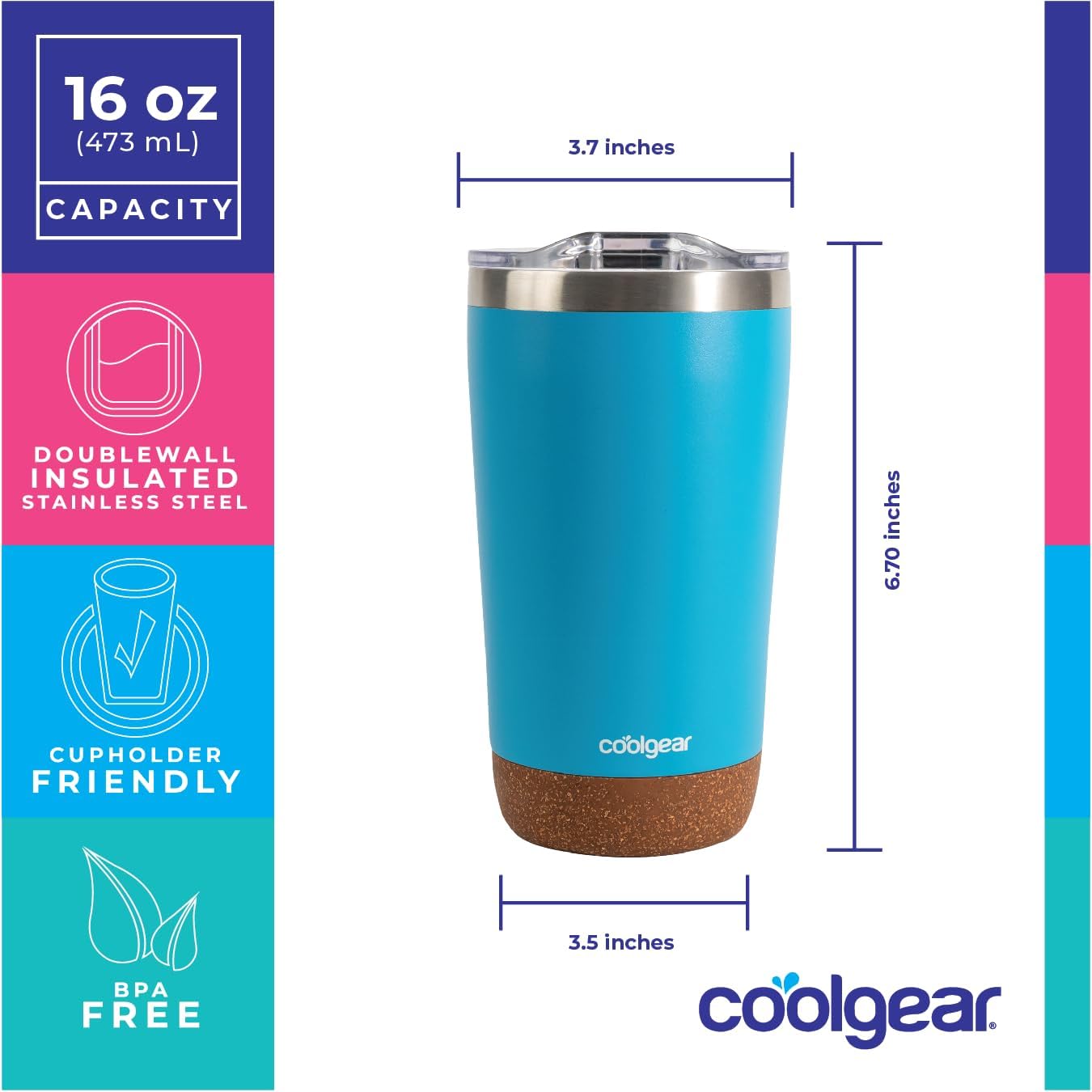 COOL GEAR American Designed, Stainless Steel, Dishwasher Safe, Copper Lined BPA Free Lid Tumbler, 2 Pack - 16 oz - Powder Blue