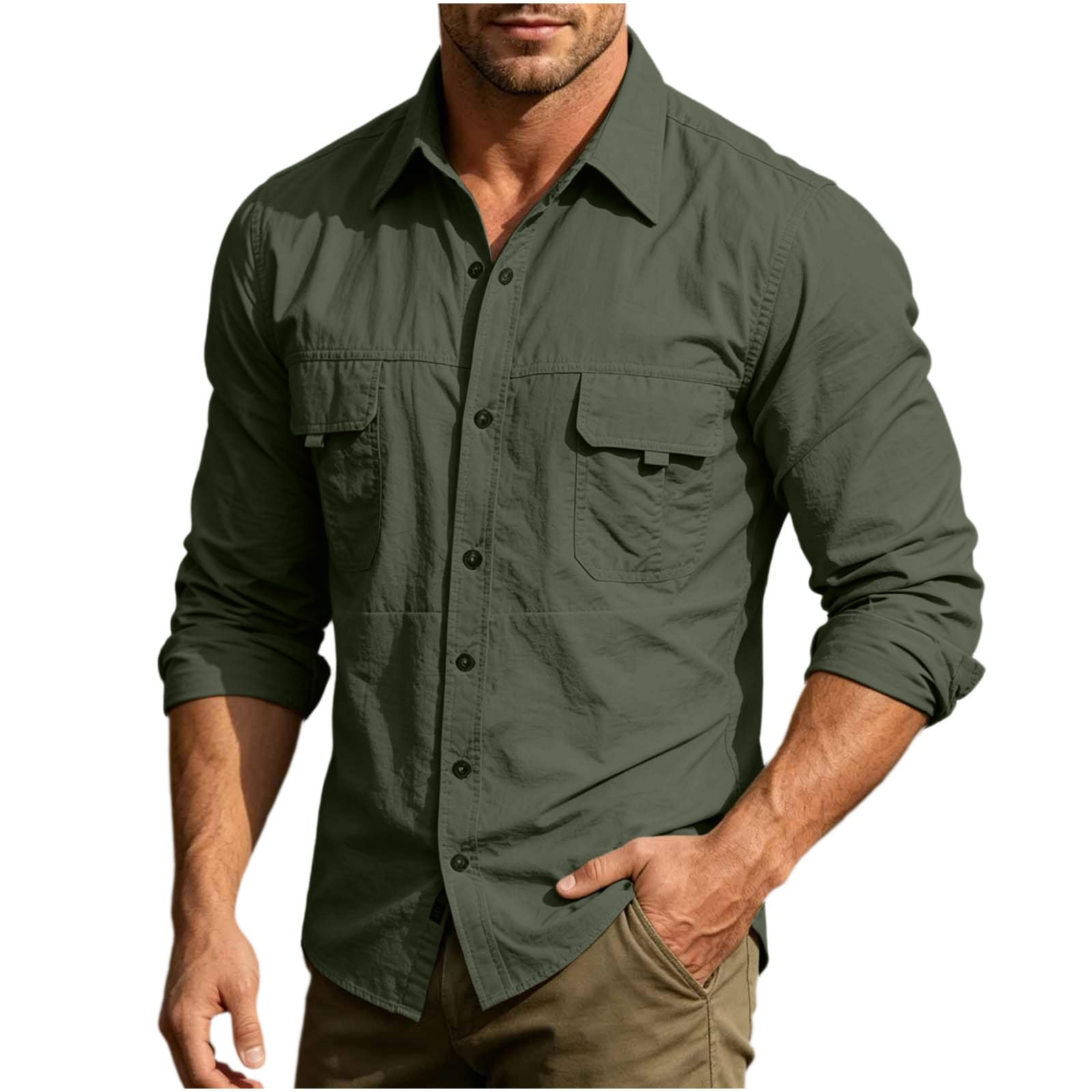 Camisa Hombre de Trabajo Tallas Grandes Cuello Solapa Camisas de Outdoor Senderismo Camping Secado Rápido Casual Camiseta Deporte Manga Larga con Bolsillos Pecho Cómodo Outerwear M-5XL
