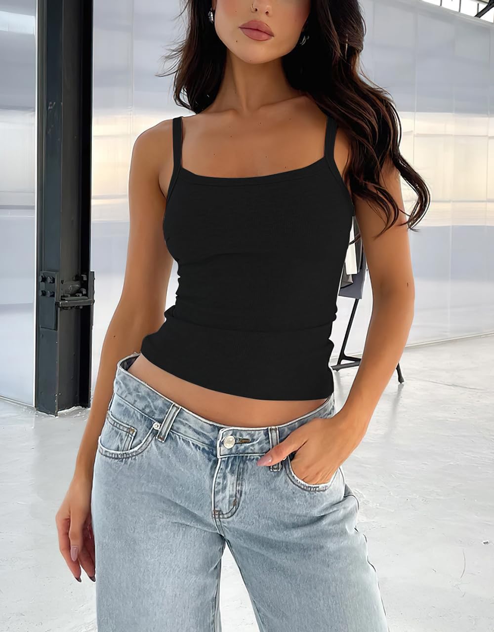 Women's Basic Sleeveless Spaghetti Strap Tank Tops Ribbed Camisole Crop Top - Image 5