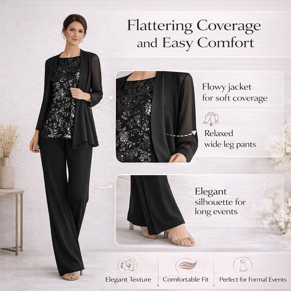 Chiffon Mother of the Bride Pant Suits 3 Pieces Lace Appliques Formal Womens Pantsuit Elegant Mother of Groom Outfit