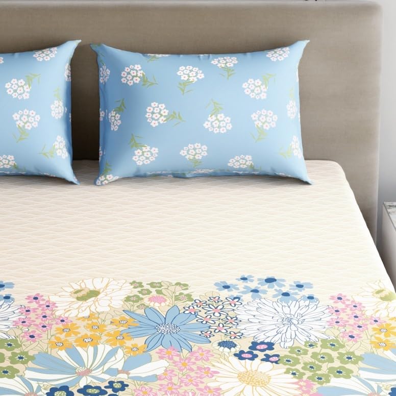 Image of Home Ecstasy 100% Cotton King Fitted Bedsheet with 2 Pillow Covers - (Size 72 x 78 inches, 140 TC, Colour - Light Blue)