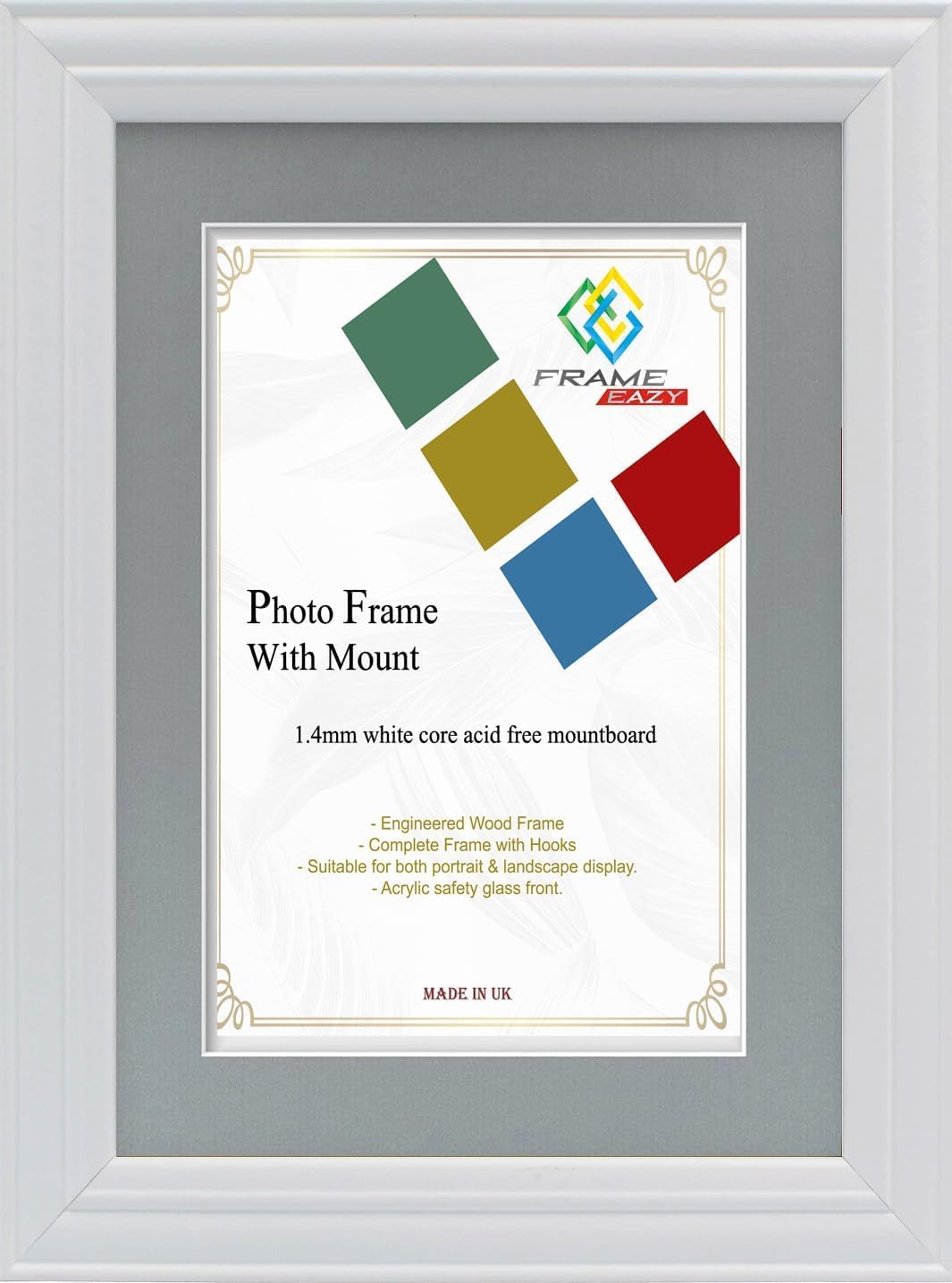 FRAME EAZY White 12x12 Photo Frame with 10x10 Grey Mount - Antique Style Picture Frame With Safe Perspex Front - Frame 12" x 12" For Picture Size 10" x 10" โ image 1