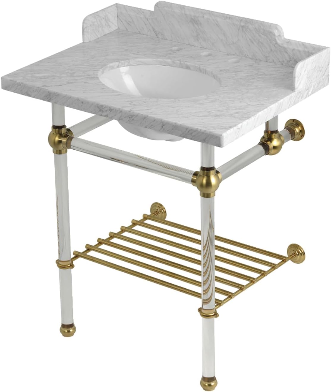 Kingston Brass LMS30MAB7 Pemberton 30" Console Sink with Acrylic Legs (8-Inch, 3 Hole), Marble White/Brushed Brass