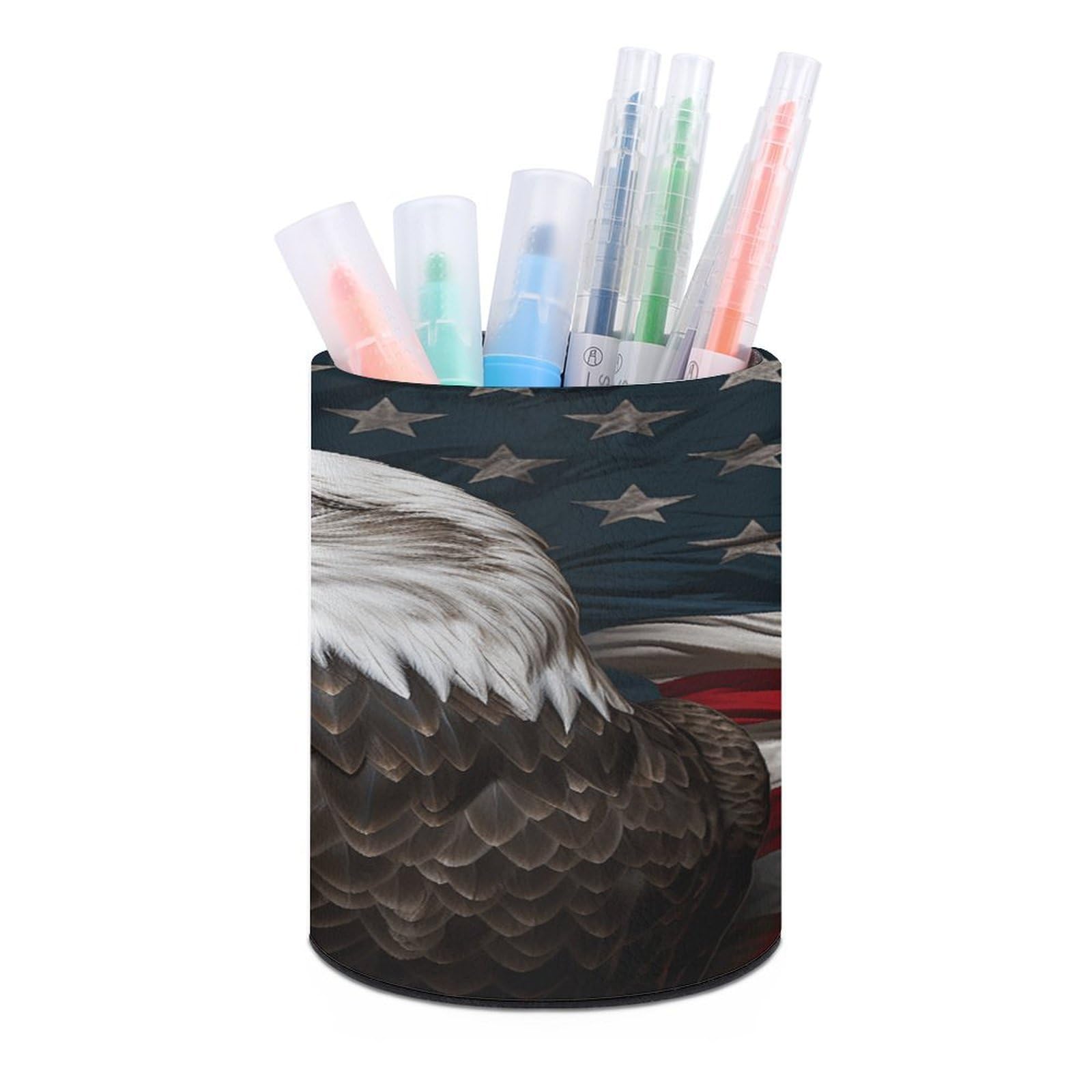 VstaDank American Bald Eagle Sitting on Flag Ribbon Pen Holder PU Leather Pencil Cup Minimalist Desk Pencil Holder Round Make Up Brush Organizers For Office Dorm Room&Vanity Desk Accessories