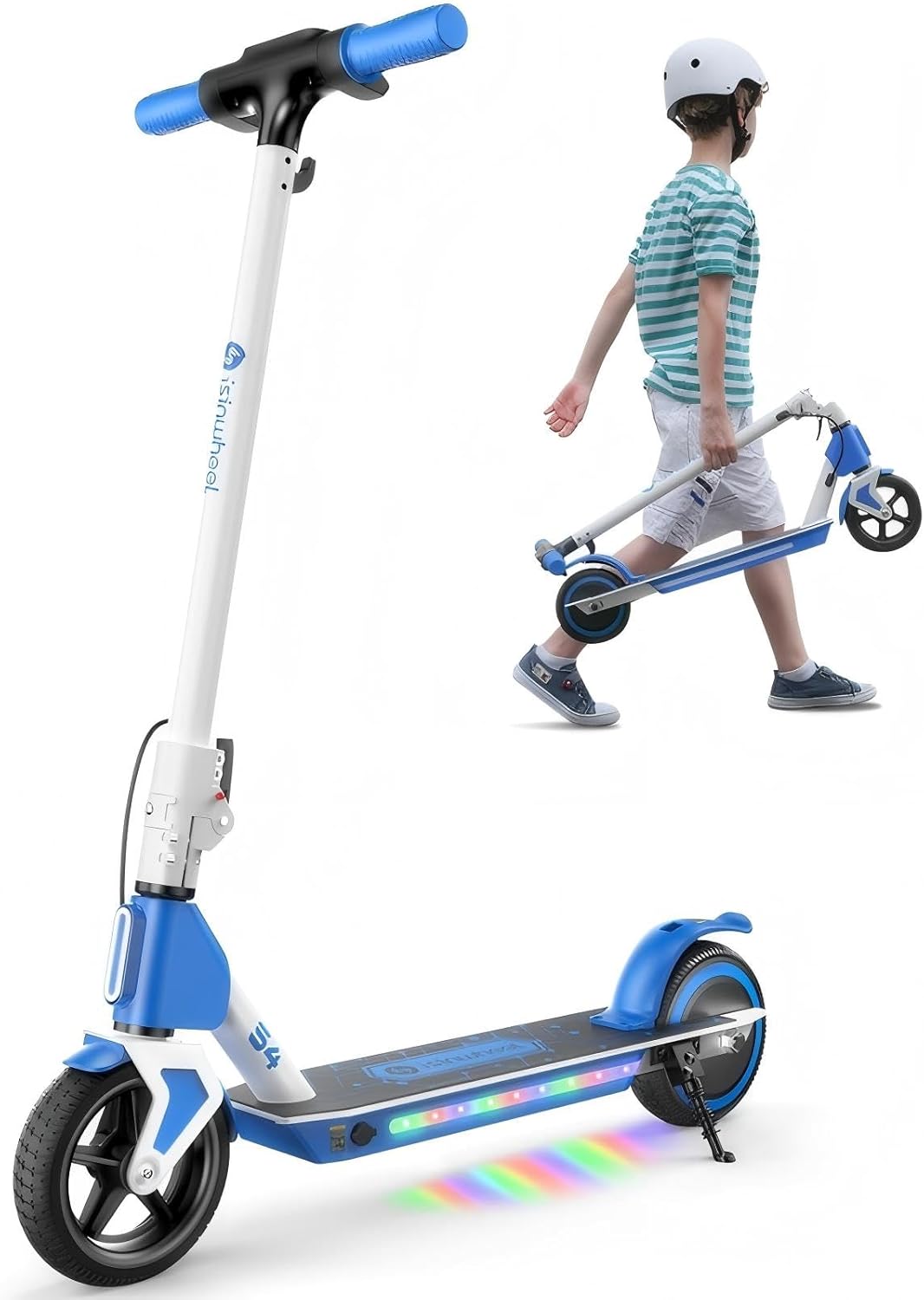 isinwheel S4 Electric Scooter for Kids Ages 6-14, 200W Foldable Kids Electric Scooter with 3 Speeds (5/8/12 Mph), LED Display, Colorful Lights, Gift for Kid