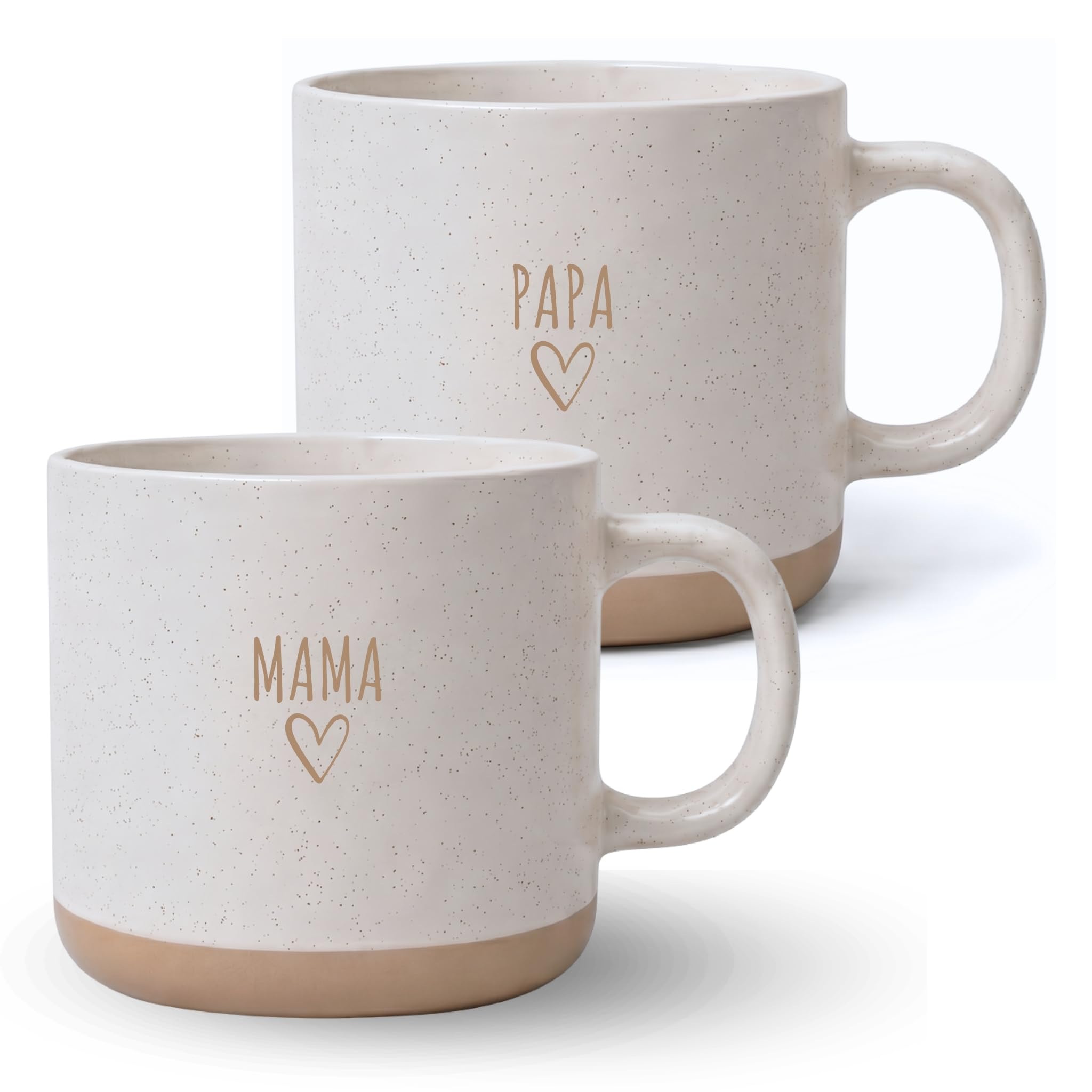 Steingut-Tassen Set MAMA und PAPA – 2x 420 ml – Keramik Kaffeetassen mit Herzmotiv – Beidseitiger Dekor-Druck – Spülmaschinen- & Mikrowellenfest – Geschenk für Mama und Papa