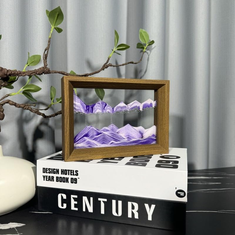 AzureLeap 3D Moving Sand Art -Liquid Motio Deep Sea Flowing Sand Picture, Solid Wood Frame, Square Glass, Home Office Desk Decor[Purple 6in]