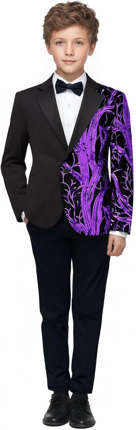 Pyiujtr Boys 4-Piece Tree and Wave Sequins Shiny Suit Jacket Shirt Bow Tie Pants Set for Performance Stage 6-16Y