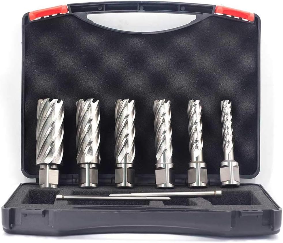 Annular Cutters Set 6pcs JESTUOUS 3/4 Inch Weldon Shank 2 Cutting Depth 7/16 to 1-1/16 Cutting Diameter HSS Slugger Bits for Magnetic Drill Press with 2 Pilot Pins