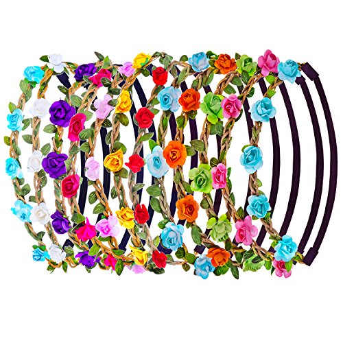 eBoot 12 Pieces Multicolor Rose Flower Headband Women Girl Fashion Floral Crown Garland Headbands with Elastic Ribbon