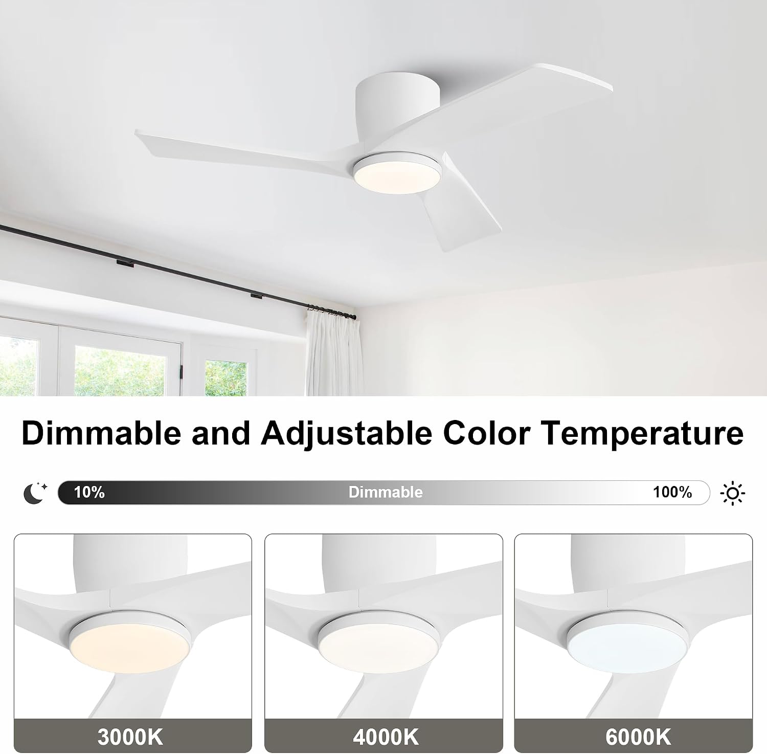 WINGBO 42 Inch Ceiling Fan with Light and Remote, Low Profile Flush Mount Modern Ceiling Fan, 3CCT Dimmable Light, Quiet Reversible DC Motor, 6 Speed, White Wood Blades, for Bedroom, Kitchen image 5