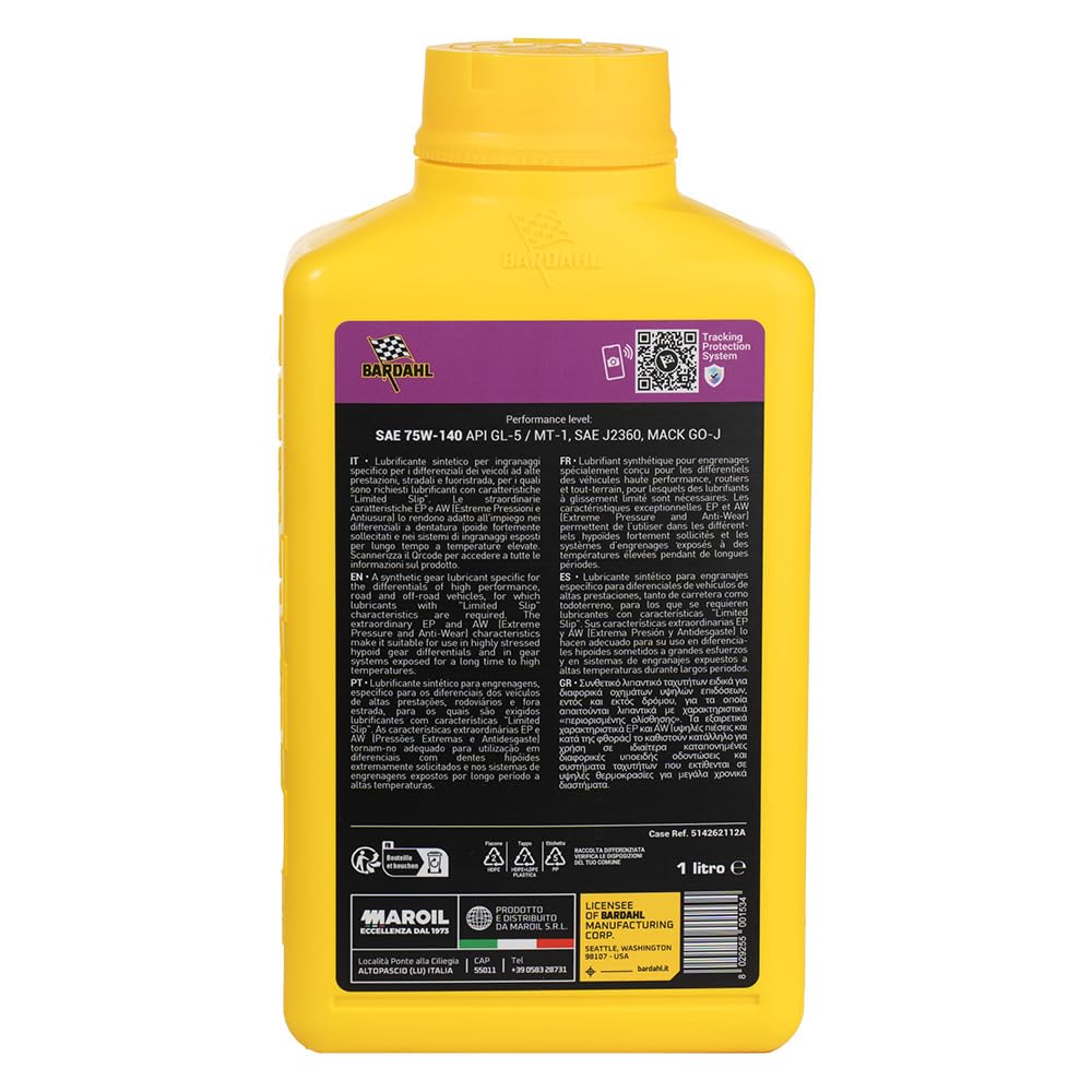 Bardahl - GEAR OIL 4005 LS 75W-140 - Olio Trasmissione e Differenziale Auto, Lubrificante Limited Slip per Differenziale Autobloccante di Automobili Performanti e Fuoristrada, Anti-Attrito, 1 L