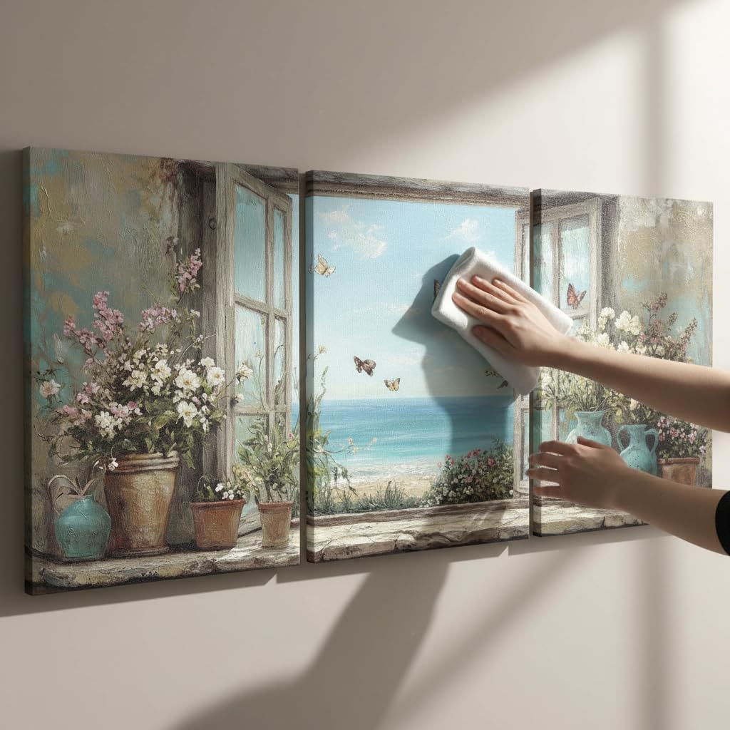 3Pcs 3D Texture Ocean View Window Floral Canvas Wall Art Beach Butterfly Seascape Painting Picture Wall Decor Blue Coastal Window View Poster Print Artwork for Livingroom Bathroom Home Decoration