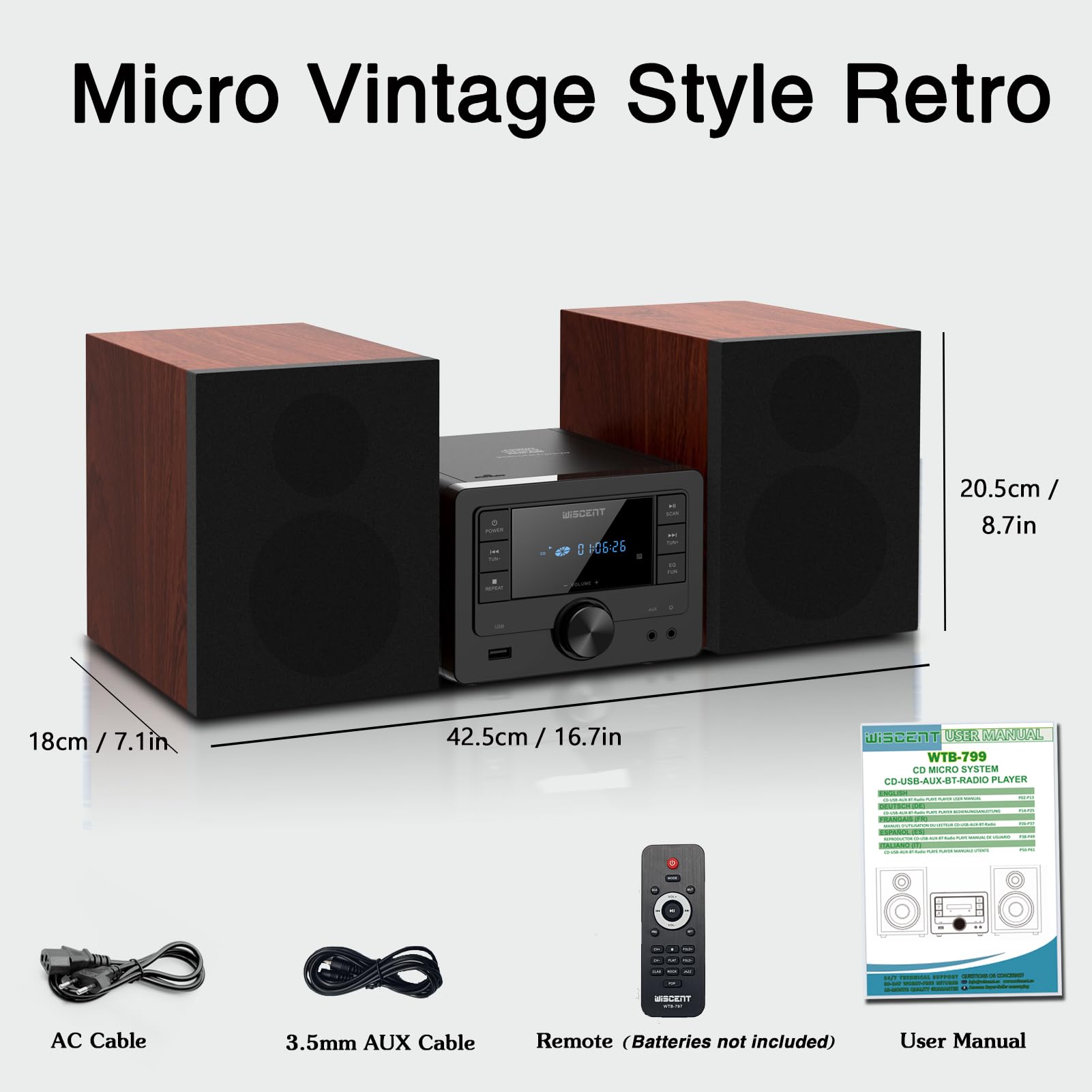 Micro Chaine HiFi avec Lecteur CD - Système Stéréo Bluetooth 40W, Radio FM, USB MP3, Entrée AUX, Enceintes Bibliothèque - Mini Chaine HiFi CD USB Bluetooth Compacte
