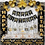 Black and Gold Birthday Decorations for Men Women, Happy Birthday Decorations Gold and Black Party Decoration Kit, Happy Birthday Banner Balloons Tablecover Fringe Curtain Swirls, Mens Man Bday Decor
