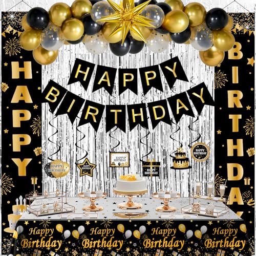 Black and Gold Birthday Decorations for Men Women, Happy Birthday Decorations Gold and Black Party Decoration Kit, Happy Birthday Banner Balloons Tablecover Fringe Curtain Swirls, Mens Man Bday Decor