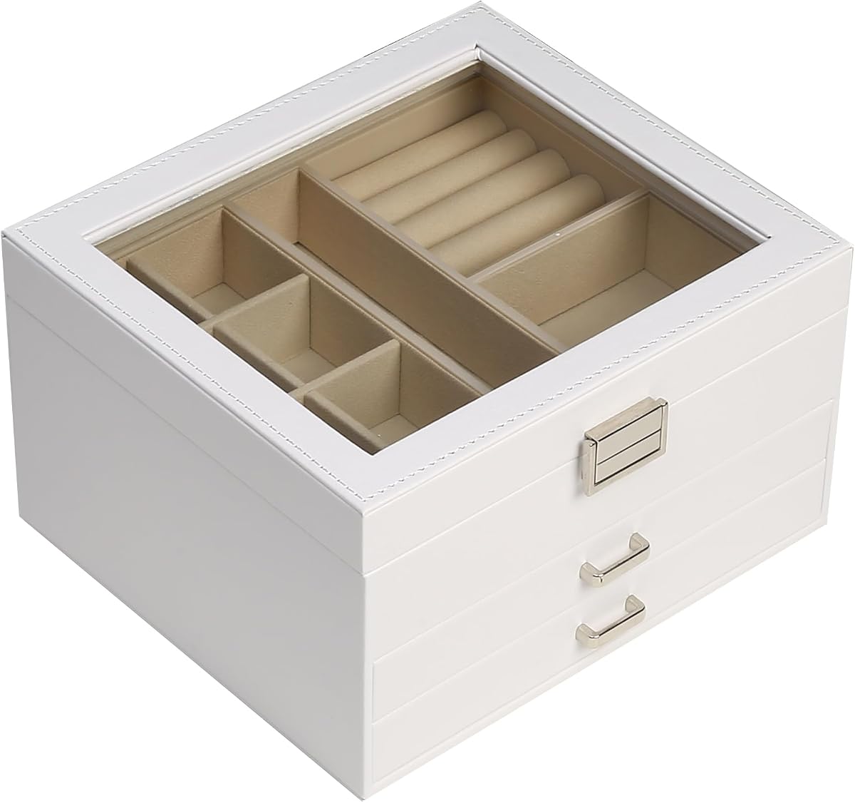Clear Lid Jewelry Box for Women, Jewelry Organizer (White, 3 Layer) | Jewelry Storage Box with Necklace, Bracelet, Rings and Earrings Best Gifts for Women Leather Jewelry Storage Modern Style