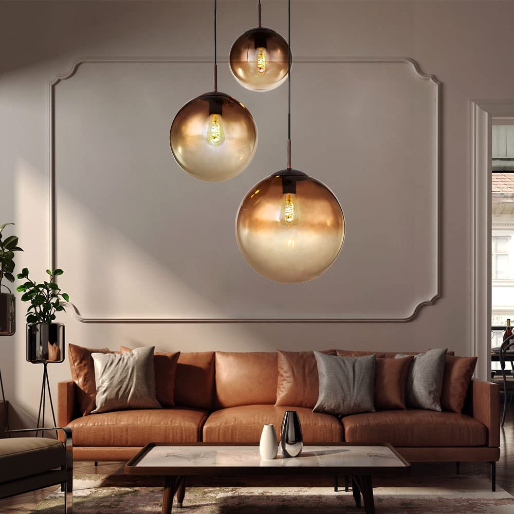 Decken Pendel Lampe amber Glas Kugel Wohn Zimmer Hänge Leuchte braun im Set inkl. LED Leuchtmittel