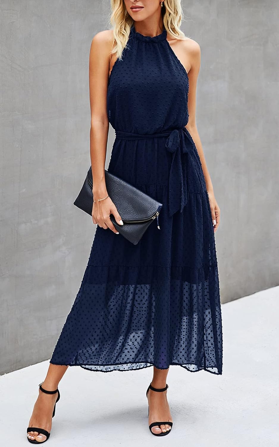 PRETTYGARDEN Women’s Halter Neck Floral Long Maxi Dress Casual Sleeveless Backless Dresses Loose Ruffle Sundress with Belt - Image 4