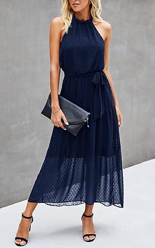 Miniatura 4 de PRETTYGARDEN - Vestido largo de mujer, casual, sin mangas, floral, con cinturón y espalda descubierta, cuello halter y volados