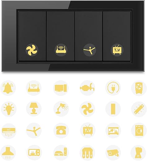 GLUN® 600 Switch Board Button Stickers for Home, 27 Icons for Fan Light Fridge AC, Royal Gold Decorative Switch Stickers for Switchboard