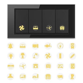 GLUN ® Vinyl 600 Switch Board Button Plastic Surface Stickers for Home, Removable 38 Icons for Fan Light Fridge AC, Royal Gold Decorative Switch Stickers for Switchboard - image, photos