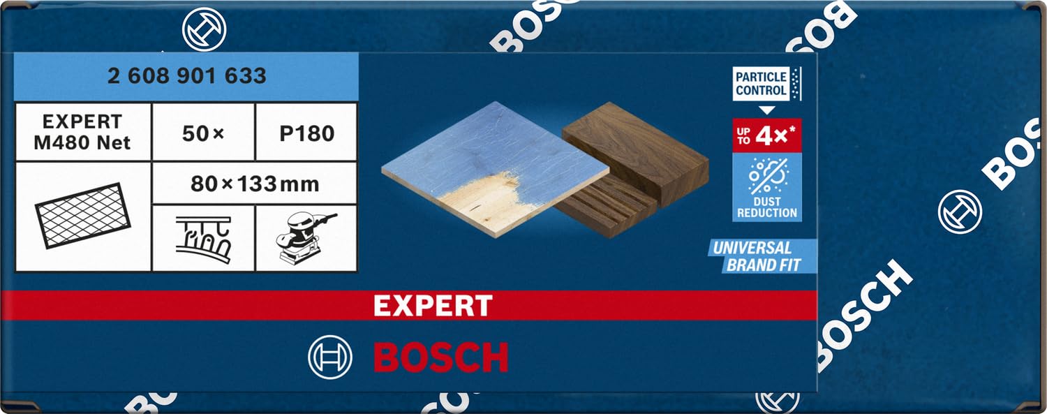Bosch EXPERT M480 - Red de lija (50 unidades, para pintura sobre madera, madera dura, diámetro de 80 x 133 mm, grano 180, accesorio profesional lijadora orbital)