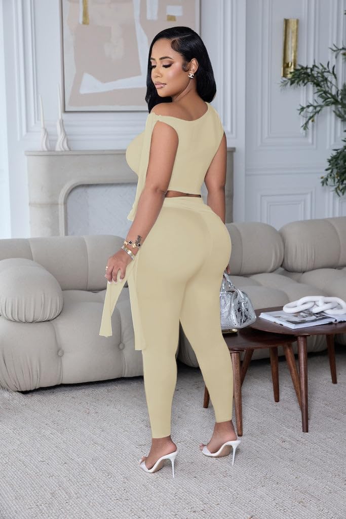 Vssjavun Women 2 Piece Outfits Sexy One Shoulder Sleeveless Crop Tops High Waist Bodycon Matching Long Pants Sets - Image 4