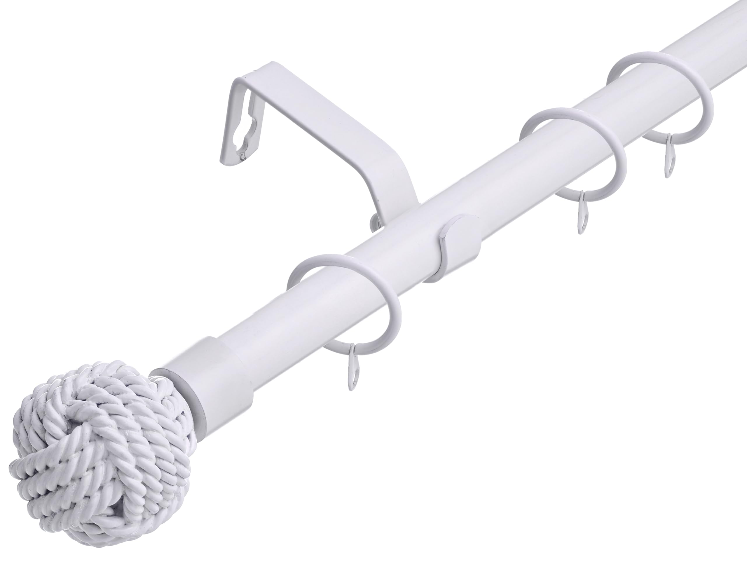 Lister Cartwright 28mm White Adjustable Extendable Metal Curtain Pole Set Rings with Knotted Ball Finial Voile Easy fit to Outdoor, Bedroom, Living Room (210-320 cm)