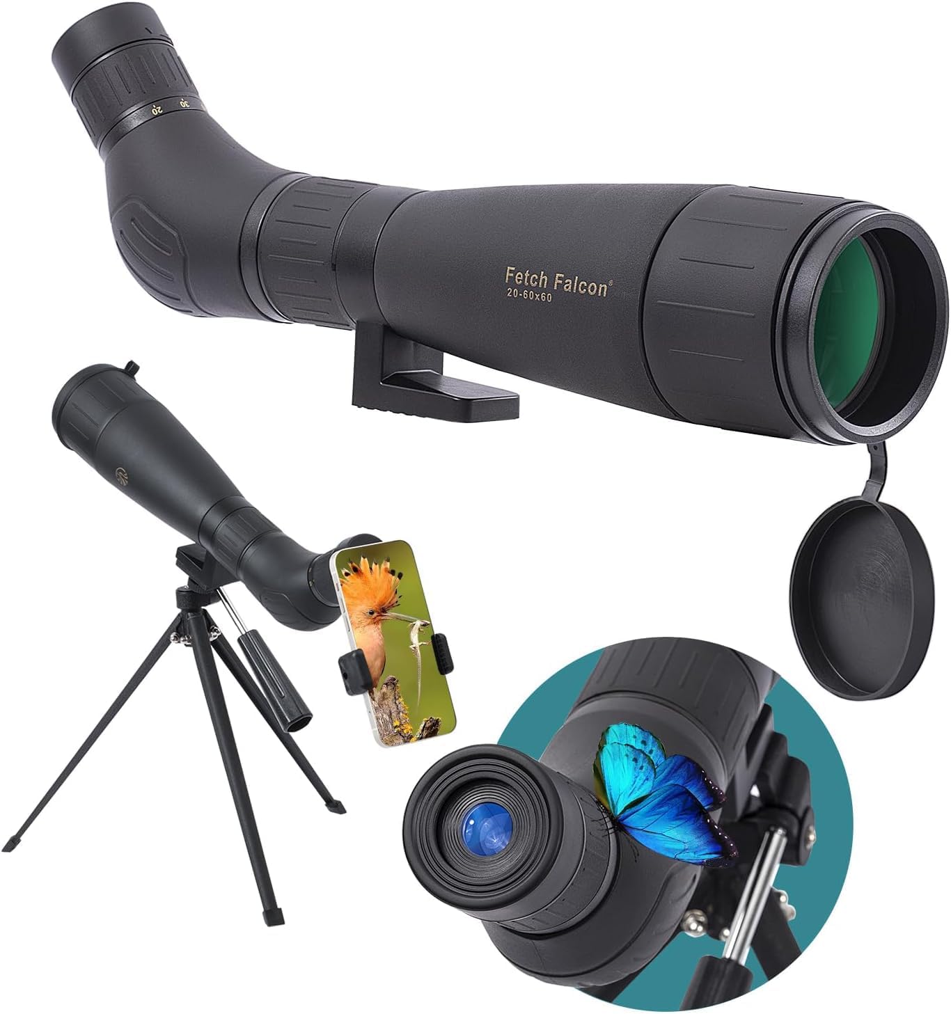 Fetch Falcon 20-60X60 FMC HD Spotting Scopes Long Range Spotting with Metal Tripod，Phone Holder and Carry Bag