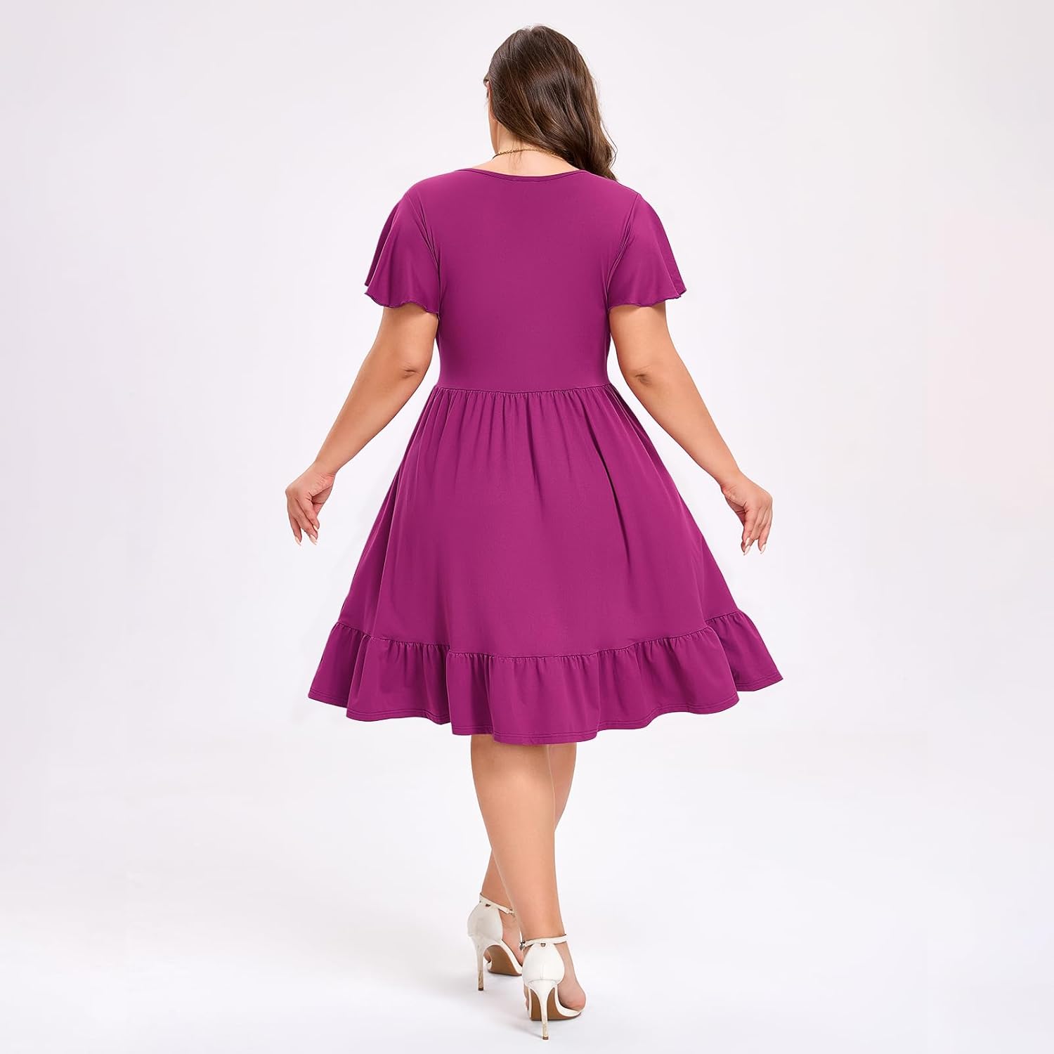 Women's Plus Size Casual Dress V Neck Ruffle Floral Short Sleeve Summer Midi Dresses with Pockets - Image 4