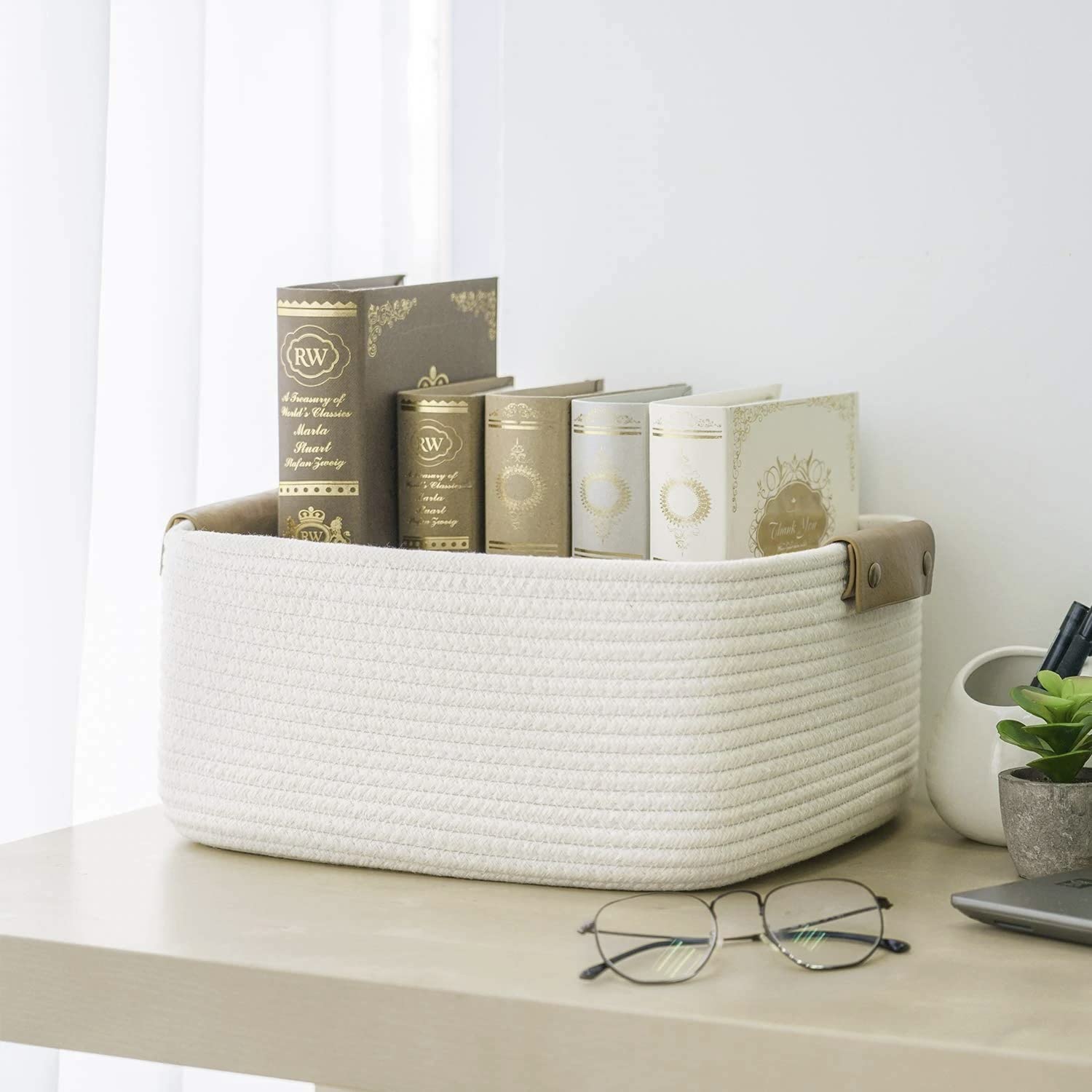 ALBY® Cat Toy Baskets Cotton Rope Animal Baskets Pink Laundry Baskets For Toys, Clothes,Gifts,Towels, Blankets,Pet Bed Pink Laundry Hamper for Organizing Kawaii Laundry Basket 15''x14''