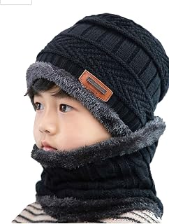 Generic Standard 2Pcs Kids Boy's Winter Warm Knitted Cap with Fleece Scarf Set Neckwarmer Fleece Lining Cap with Neckwarmer (Black,Freesize)