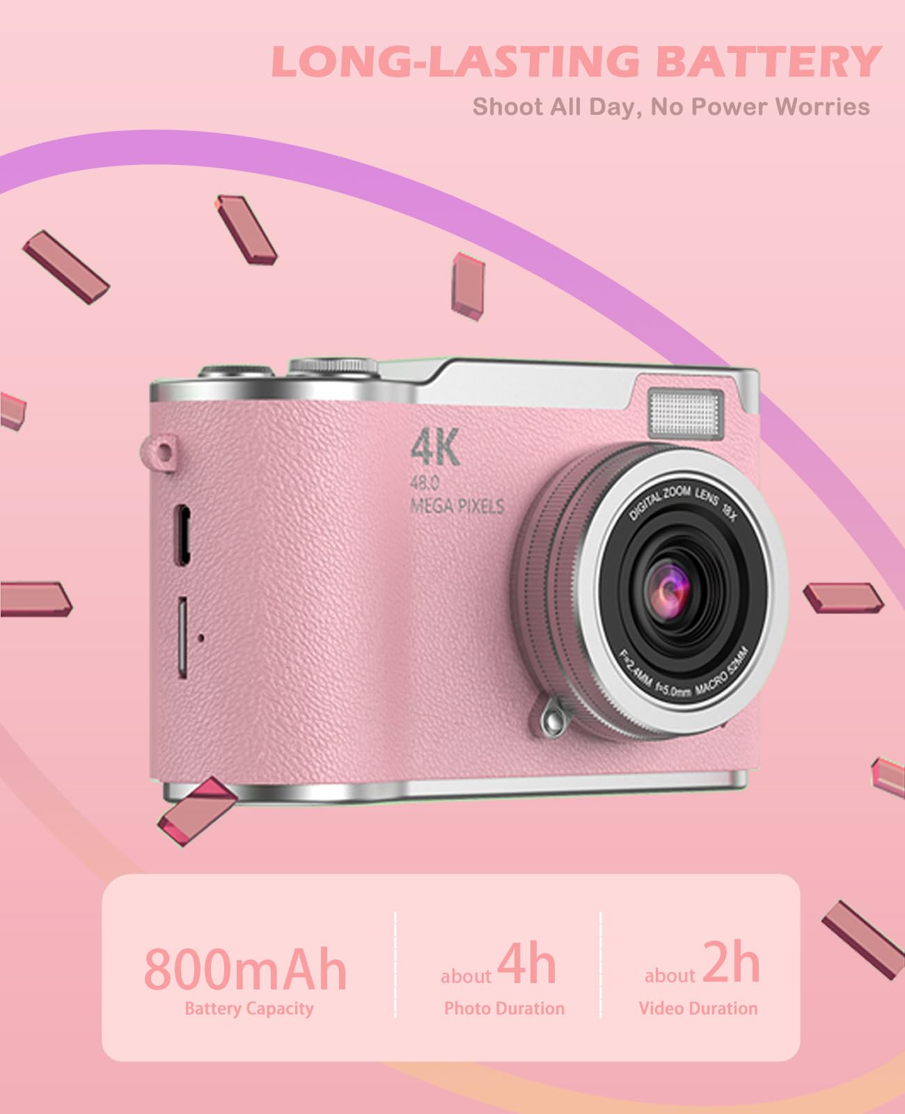 Cámara para niños, cámara digital 4K para fotografía, cámara selfie de video HD de 48MP 1080P, con flash de pantalla abatible de 180°, con tarjeta SD de 32 GB, para principiantes, niños 7