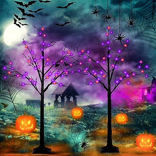 SANJICHA 2-Pack 4FT Lighted Black Halloween Tree with 96 LED Orange & Purple Lights (Higher Size Floor Standing), Decorations Spooky for Indoor Outdoor, Home Holiday Party Decor