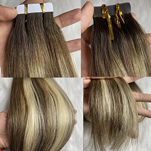 Tape In Hair Extensions Human Hair 14Inch 50G/Pack 20Pcs Seamless Skin Weft Ash Brown To Blonde Color Mixed With Walnut Brown Silky Straight Real Human Hair Extensions Glue In Brazilian Hair Extensions #TOP4