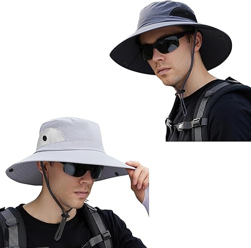 Miniatura 10 de ZOORON Paquete de 1 y 2 sombreros de sol para hombres y mujeres, sombrero de ala ancha, protección UV, impermeable, para pesca, senderismo,