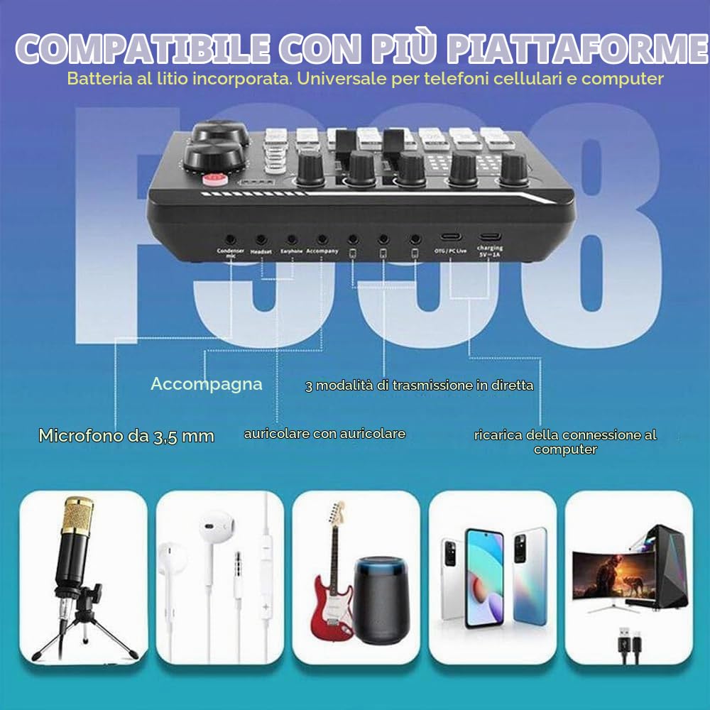 Generico Scheda audio live con effetti mixer DJ e cambio voce, mixer audio F998, scheda audio per live streaming/giochi, mixer musicale DJ (A)