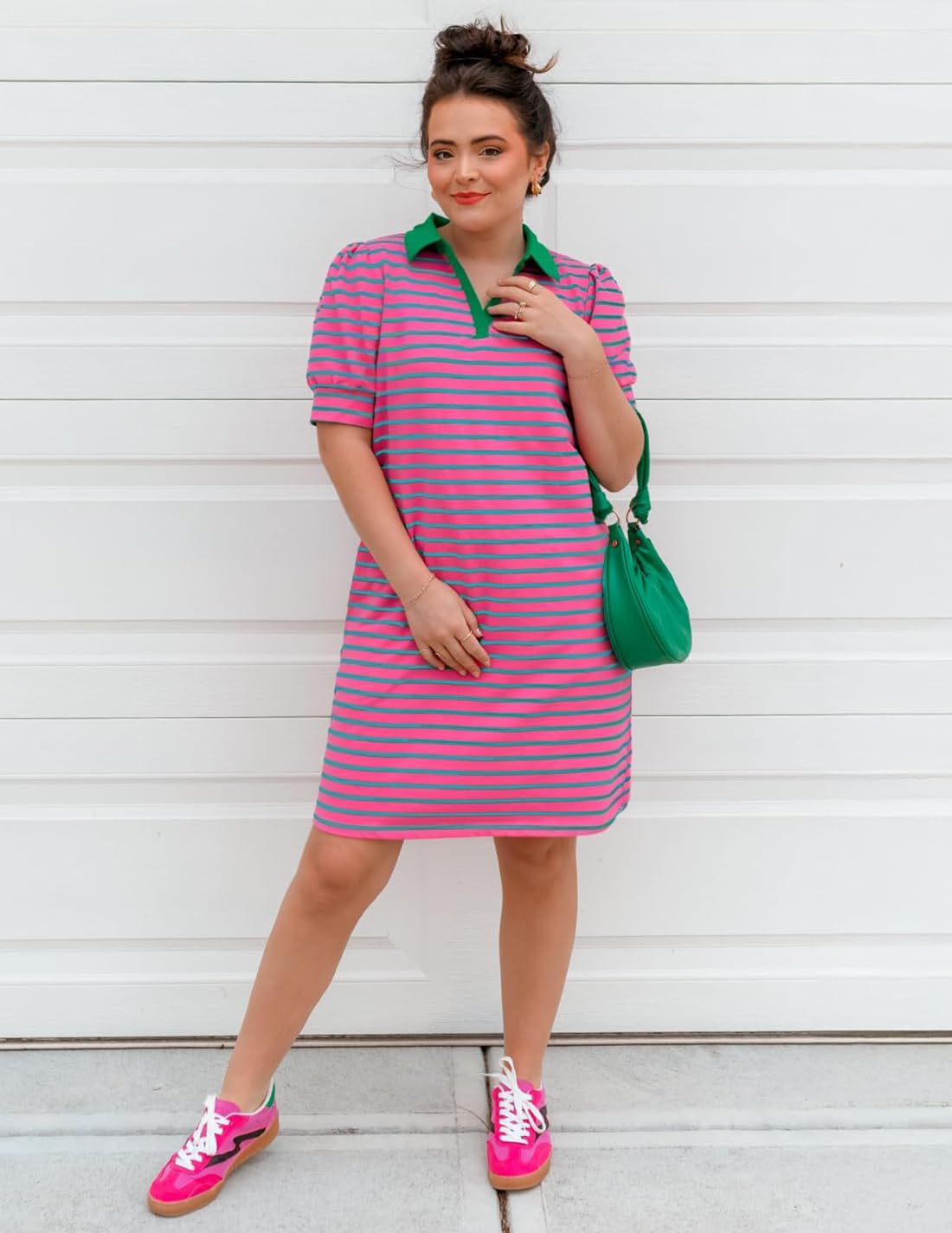 ZESICA Womens Summer Striped T Shirt Mini Dresses 2026 Casual Lapel V Neck Short Sleeve Flowy A Line Beach Vacation Dress - Image 6